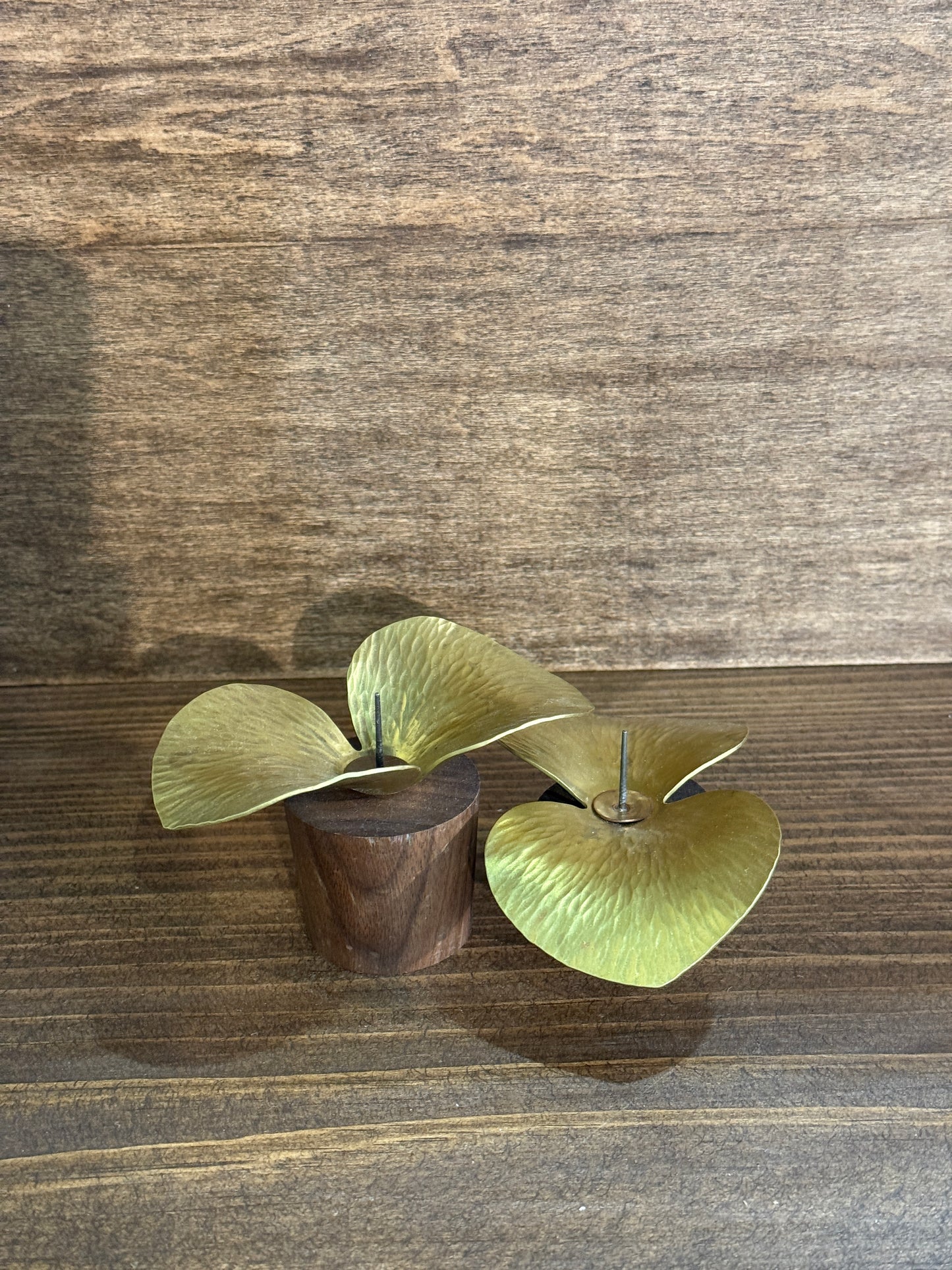 Pair of Brass and Walnut Candle Holders