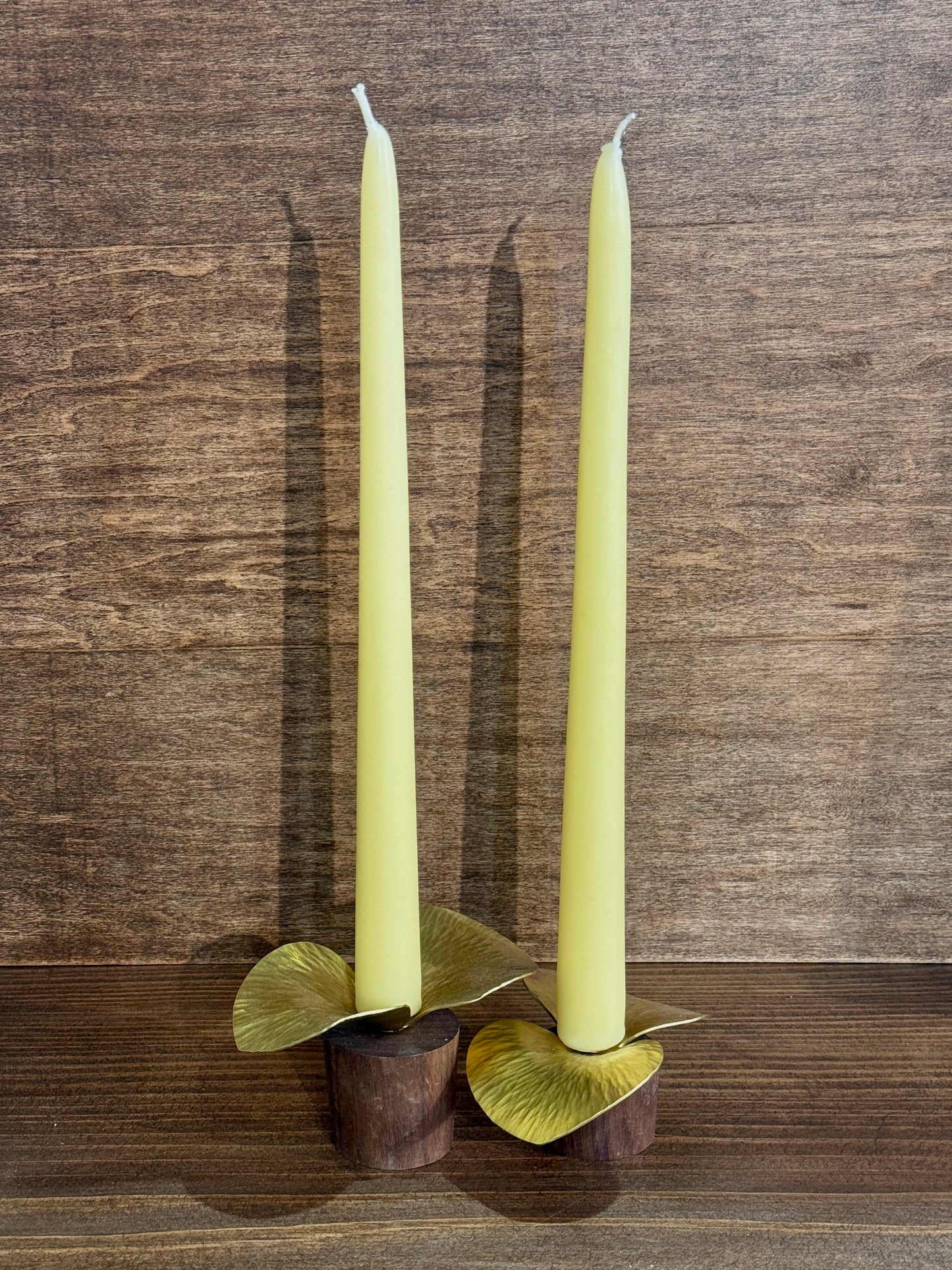 Pair of Brass and Walnut Candle Holders