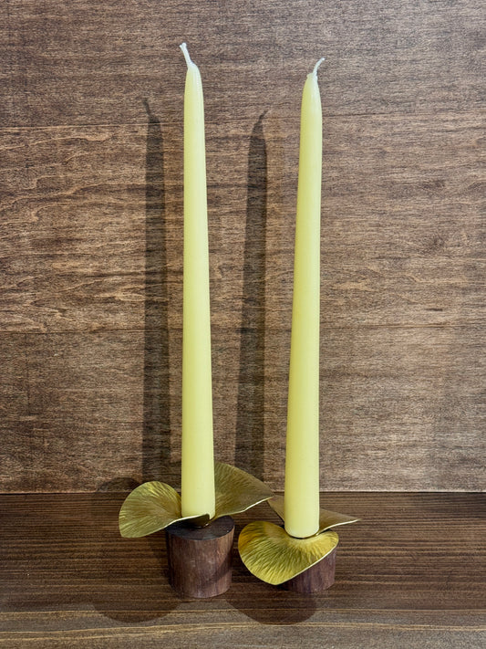 Pair of Brass and Walnut Candle Holders